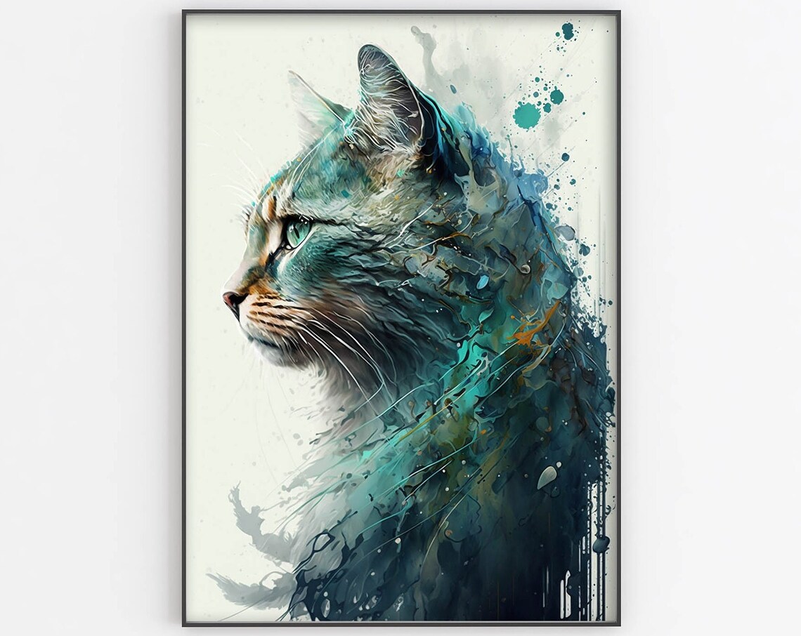 Cat Portrait Watercolor Teal Splash Abstract Feline Painting Art Print