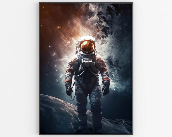 Astronaut Standing on Planet Surface Orange Nebula Glow Poster
