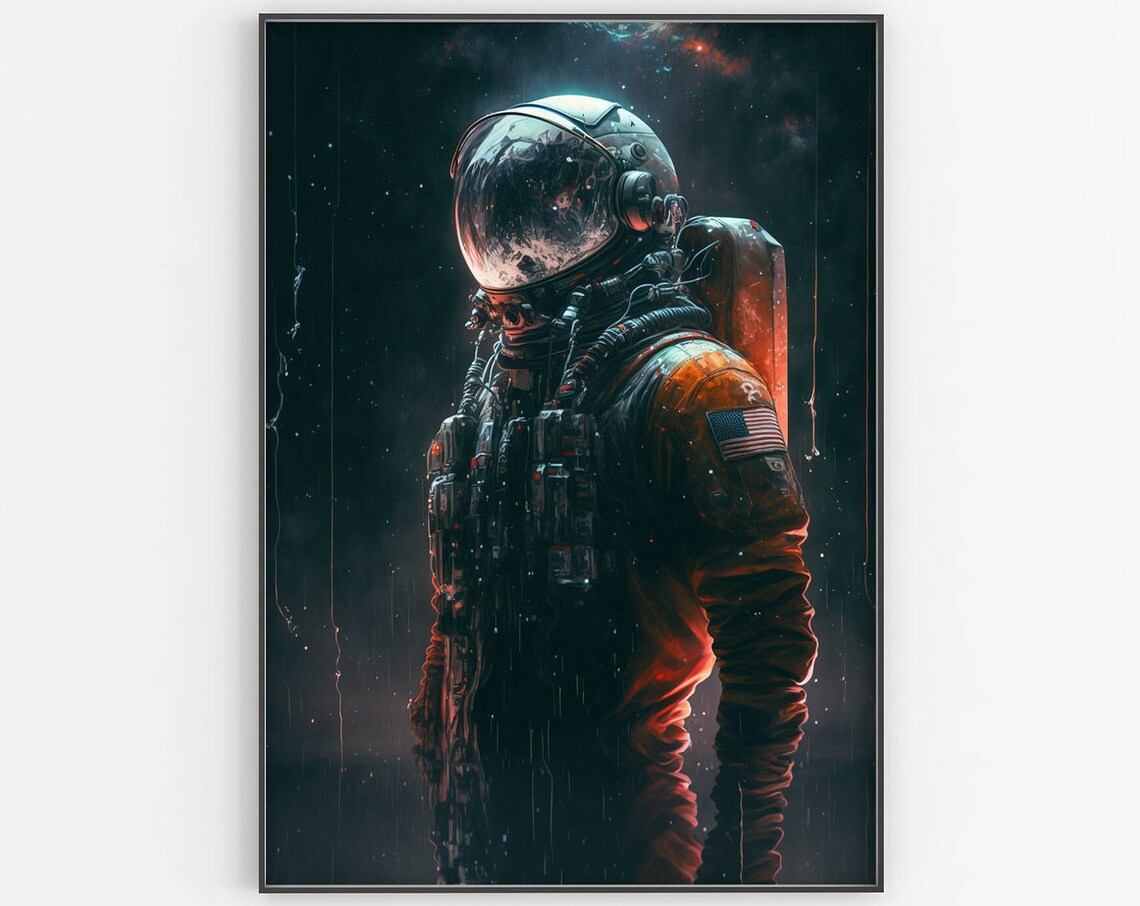 Astronaut in Rain Poster Dark Cinematic Space Night Mood Art