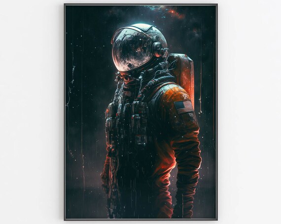 Astronaut in Rain Poster Dark Cinematic Space Night Mood Art