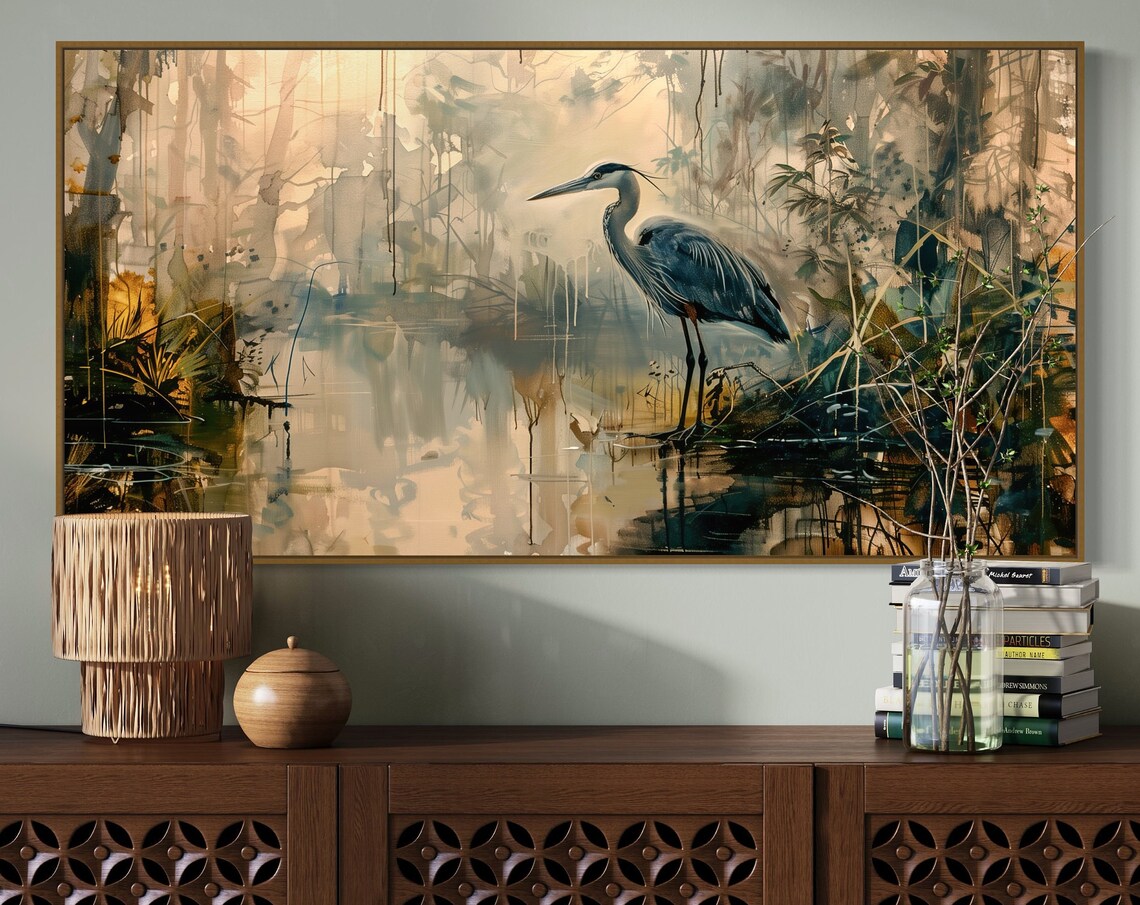 Moody Blue Heron Print, Lake House Bird Art