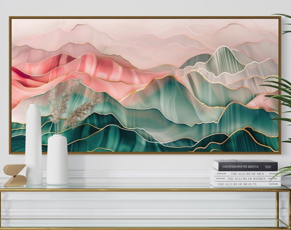Emerald Peaks And Blush Valleys Abstract Modern Mountain Art Print Colorful Wall Boho Decor For Over The Couch Or Above Bed Spaces