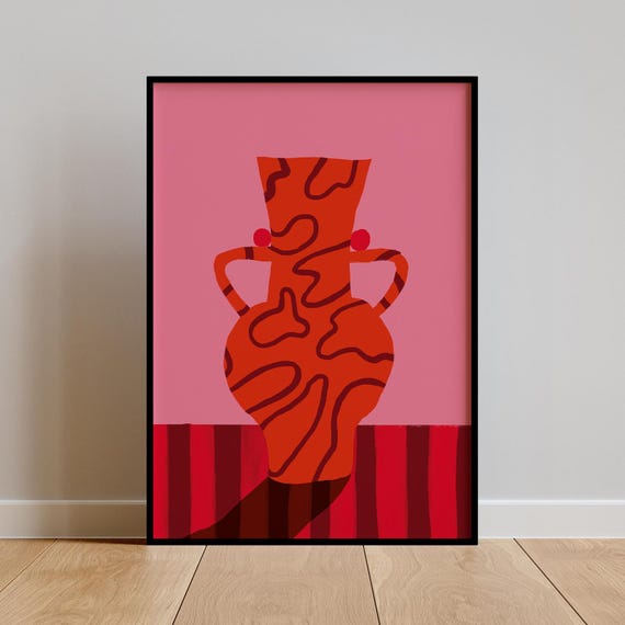 Bold Red Vase Abstract Poster Modern Wall Art Pink Retro Vibrant Decor Fun Graphic Print