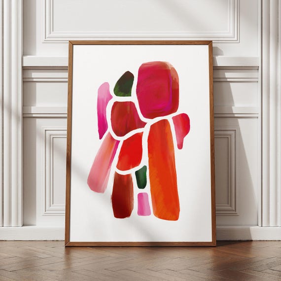 Abstract Color Poster Vibrant Red Pink Print Minimal Midcentury Modern Decor For Bedroom Office Livingroom
