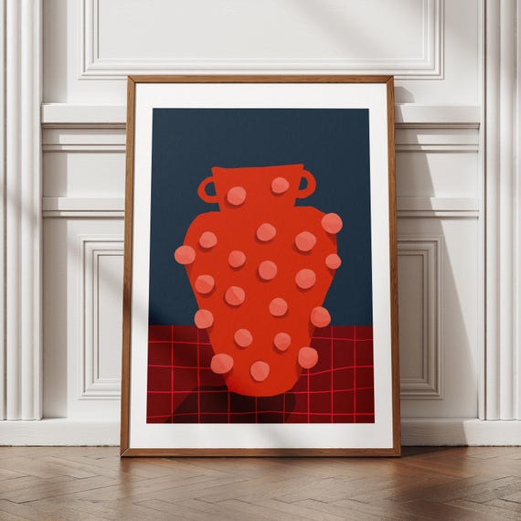 Bold Dotted Red Vase Poster, Retro Abstract Art