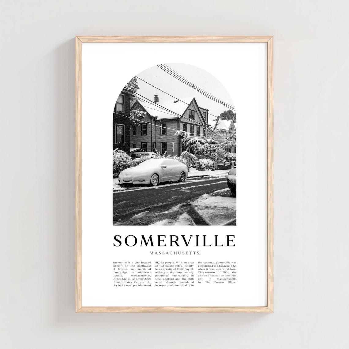 Somerville Massachusetts Snowy Street Winter Black White Photo Poster