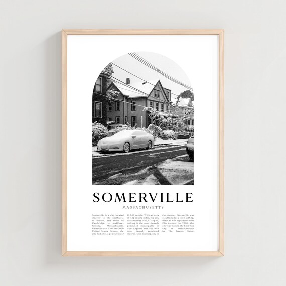 Somerville Massachusetts Snowy Street Winter Black White Photo Poster