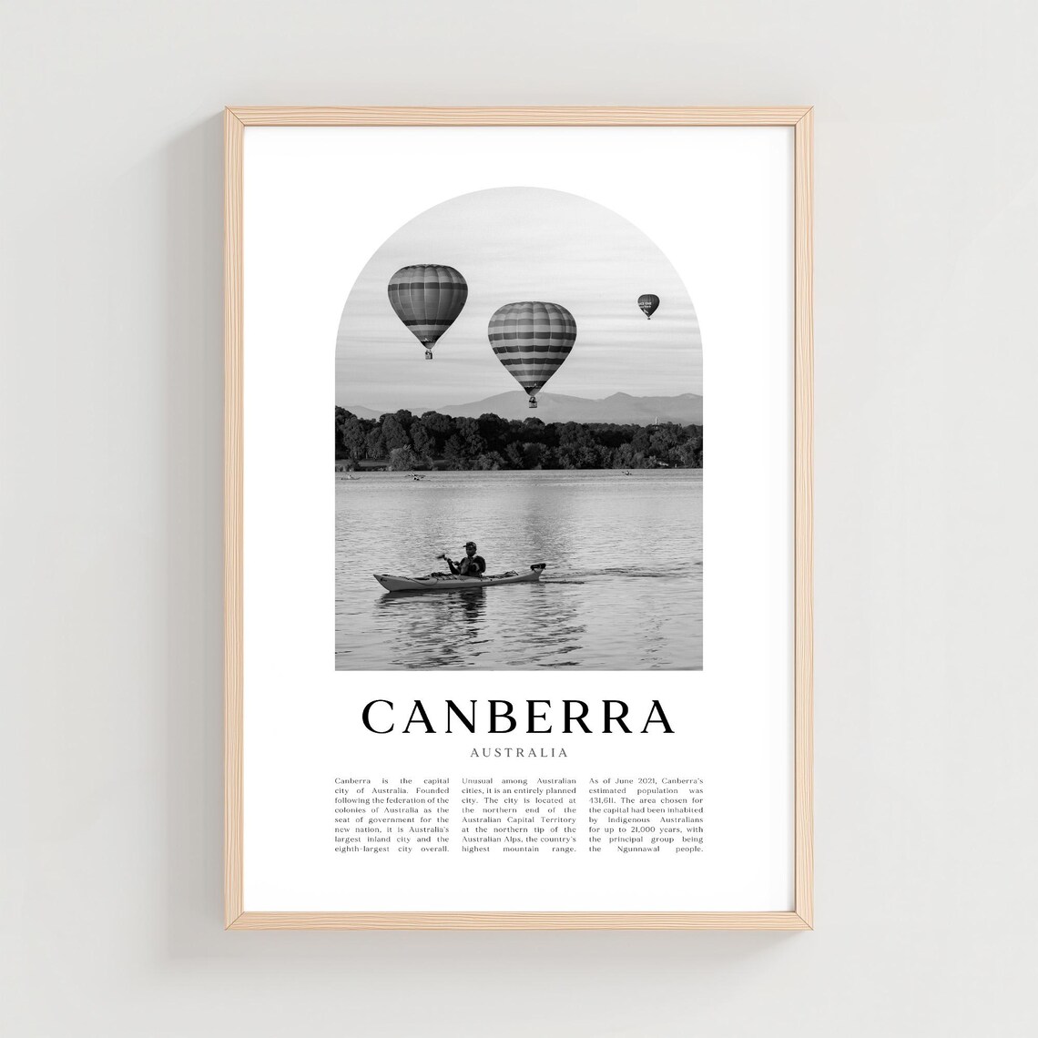 Canberra Australia Hot Air Balloons Over Lake Black and White Poster