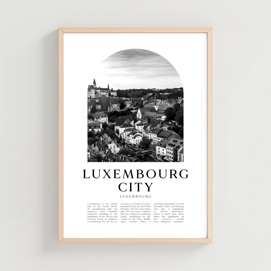 Luxembourg City Old Town Fortress Black White Arch Travel Poster