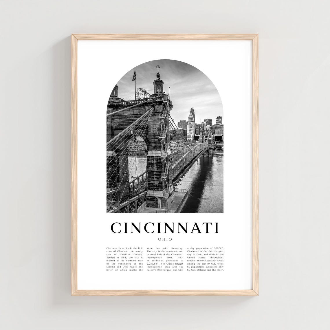 Cincinnati Ohio Historic Suspension Bridge Black and White City Print