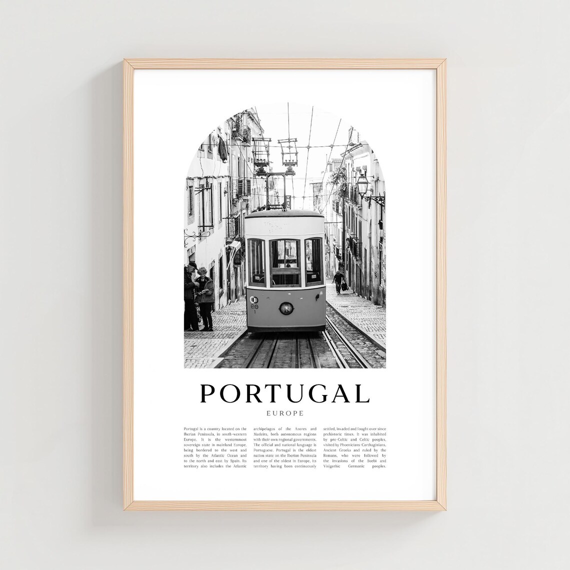 Portugal Lisbon Classic Tram Cobblestone Street Black and White Poster