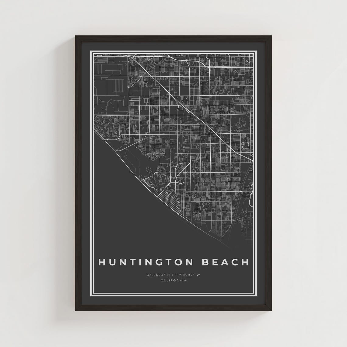 Huntington Beach California Black Street Map Coordinates Poster