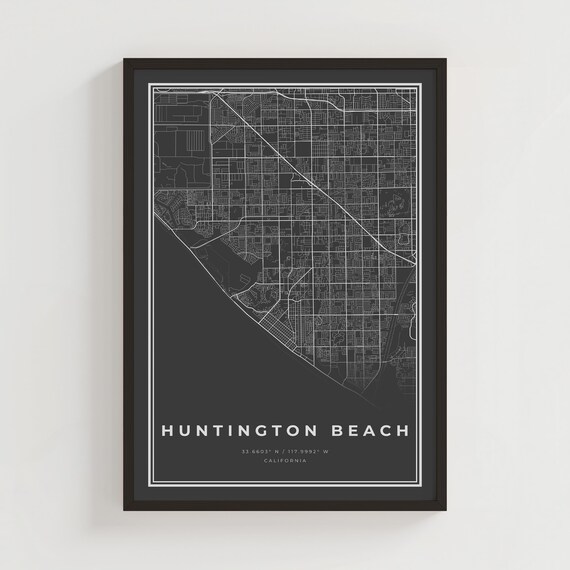 Huntington Beach California Black Street Map Coordinates Poster