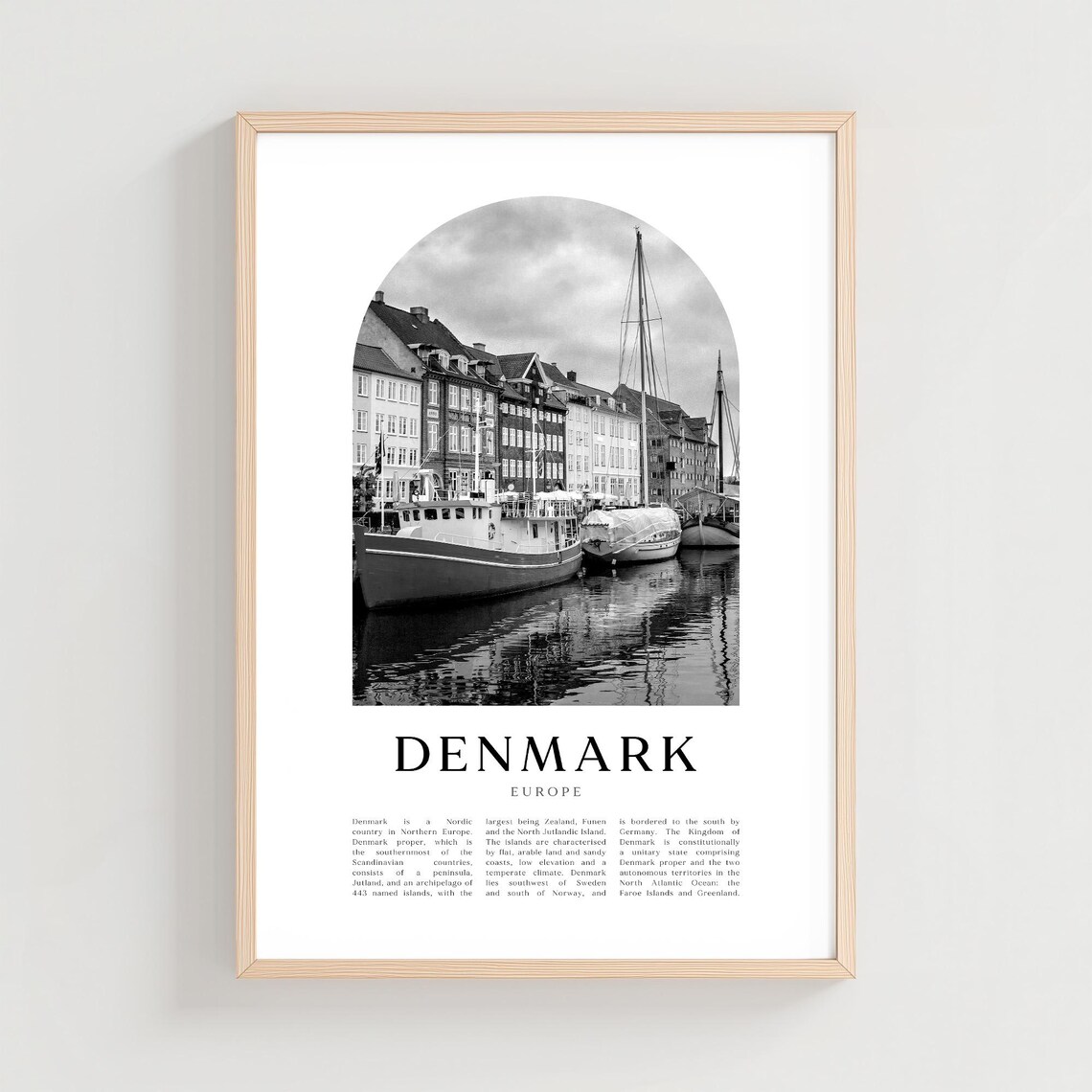 Denmark Copenhagen Nyhavn Harbor Wooden Boats Black White Arch Poster