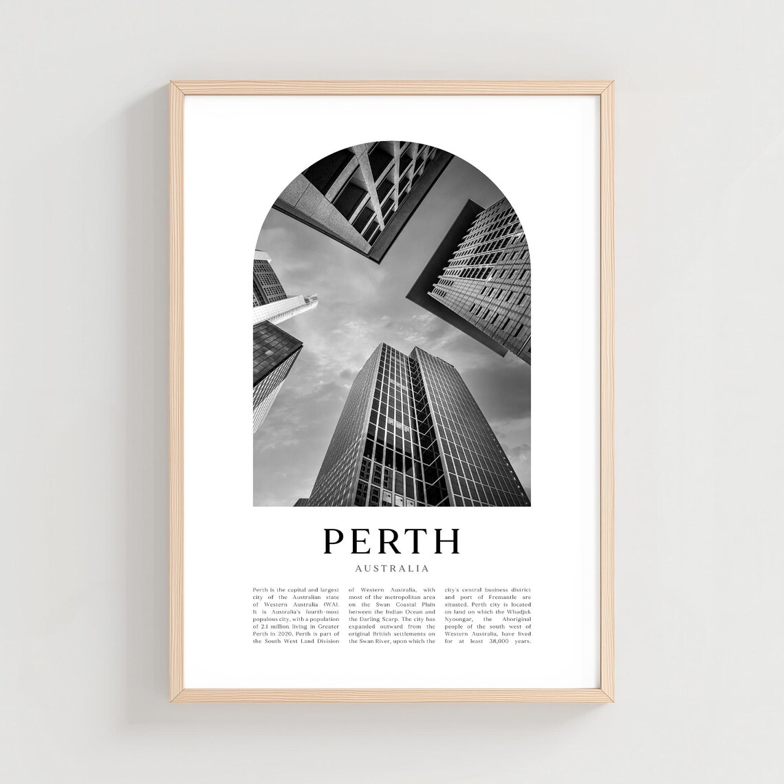 Perth City Skyscrapers Black and White Upward View Travel Poster