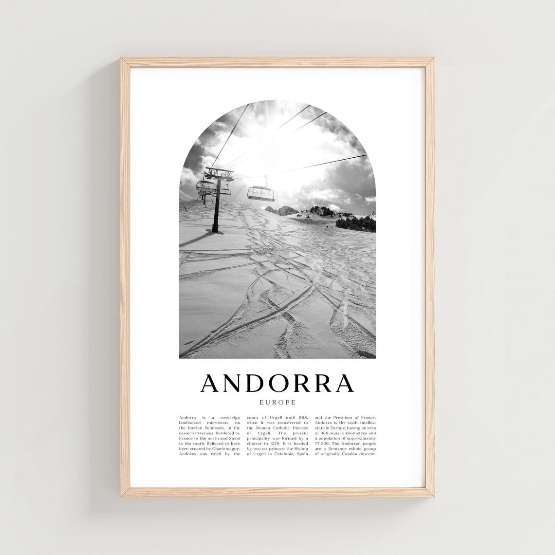 Andorra Ski Resort Chairlift Snow Black White Arch Photo Print