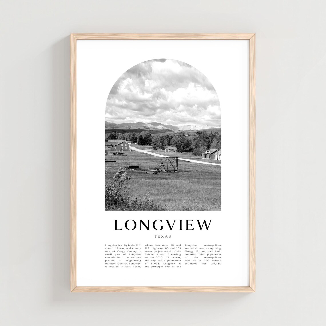 Longview Texas Rural Farm Landscape Black White Travel Poster