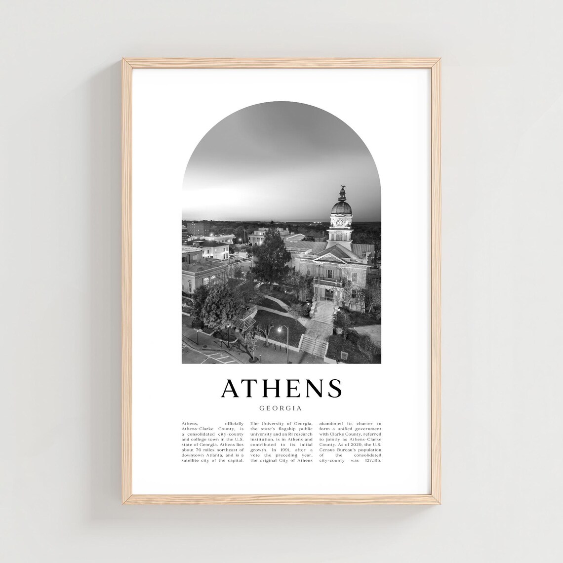 Athens Georgia City Hall Clock Tower Black and White Travel Poster