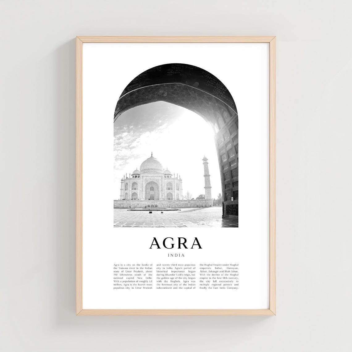 Agra India Taj Mahal Archway View Black and White Travel Poster