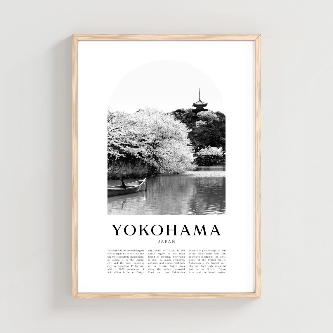 Yokohama Japan Pagoda Cherry Blossom Lake Black and White Photo Poster