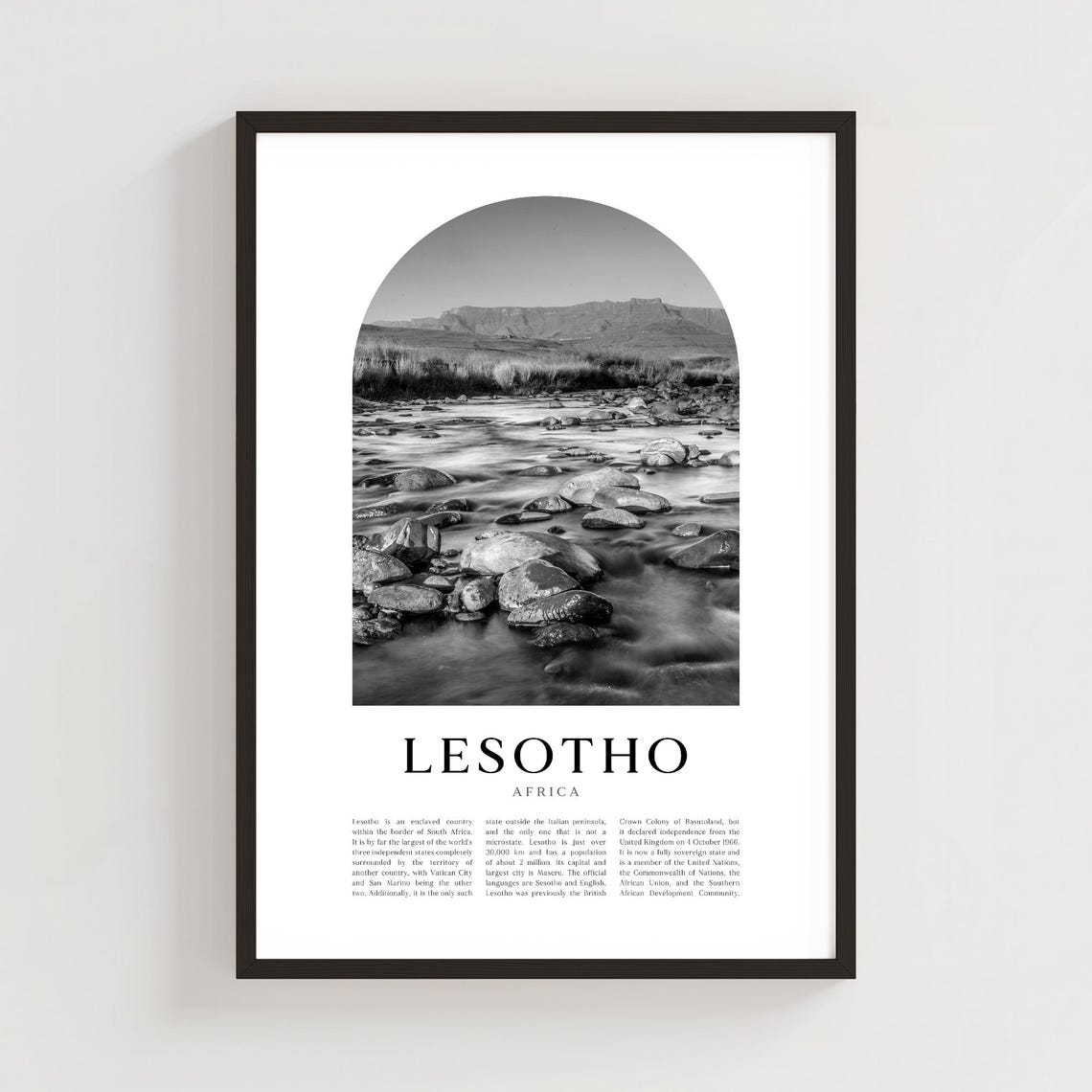 Lesotho Africa Black and White Mountain River Photography Wall Art