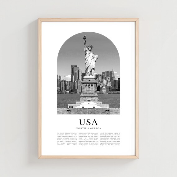Statue of Liberty New York Harbor Black and White USA Travel Poster