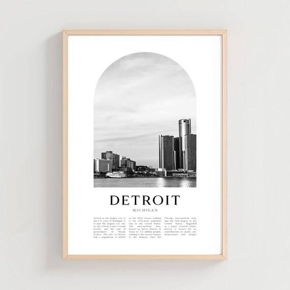 Detroit Michigan Black and White Waterfront Skyline Arch Photo Art Poster