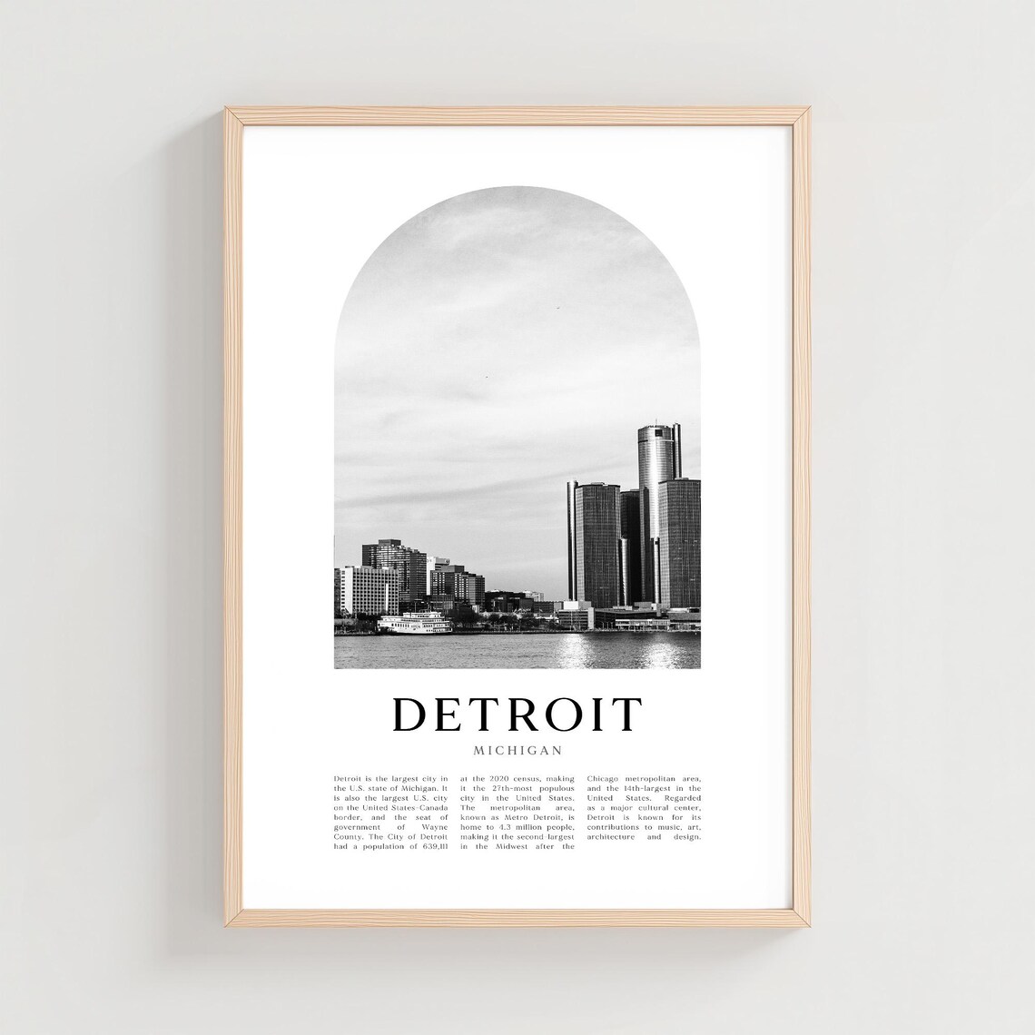 Detroit Michigan Black and White Waterfront Skyline Arch Photo Art Poster
