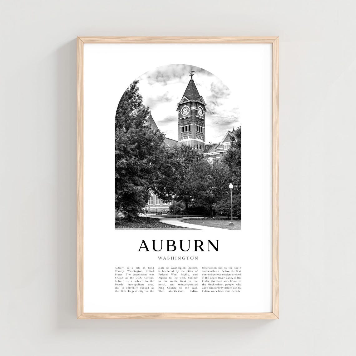 Auburn Washington Historic Clock Tower Black White Arch Photo Poster