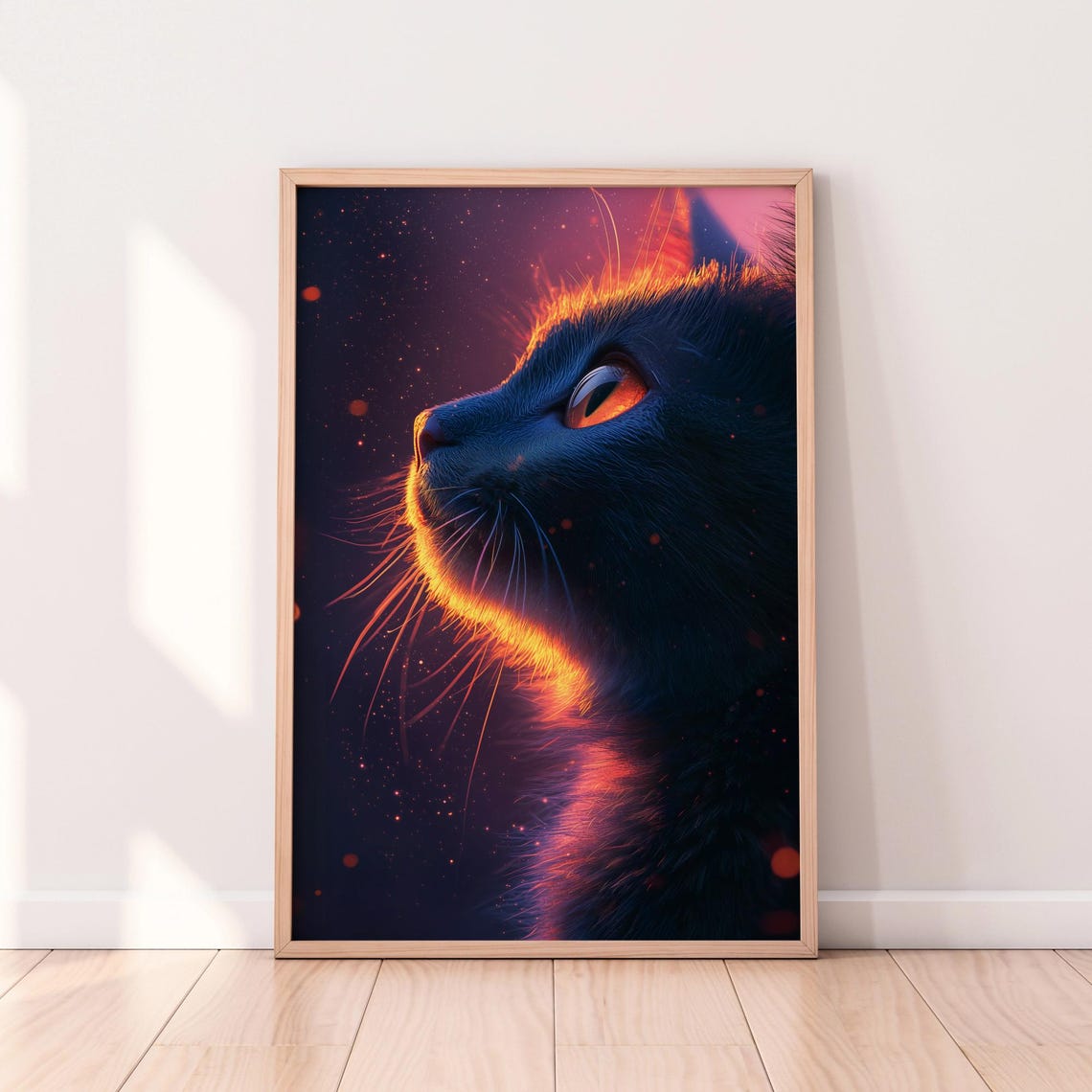 Glowing Black Cat Profile In Cosmic Mystical Fantasy Art Print