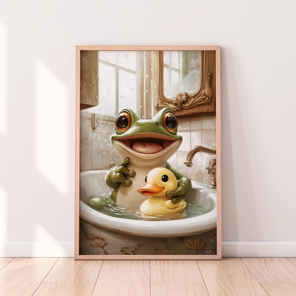 Cute Frog In Bathtub With Rubber Duck Funny Bathroom Wall Poster