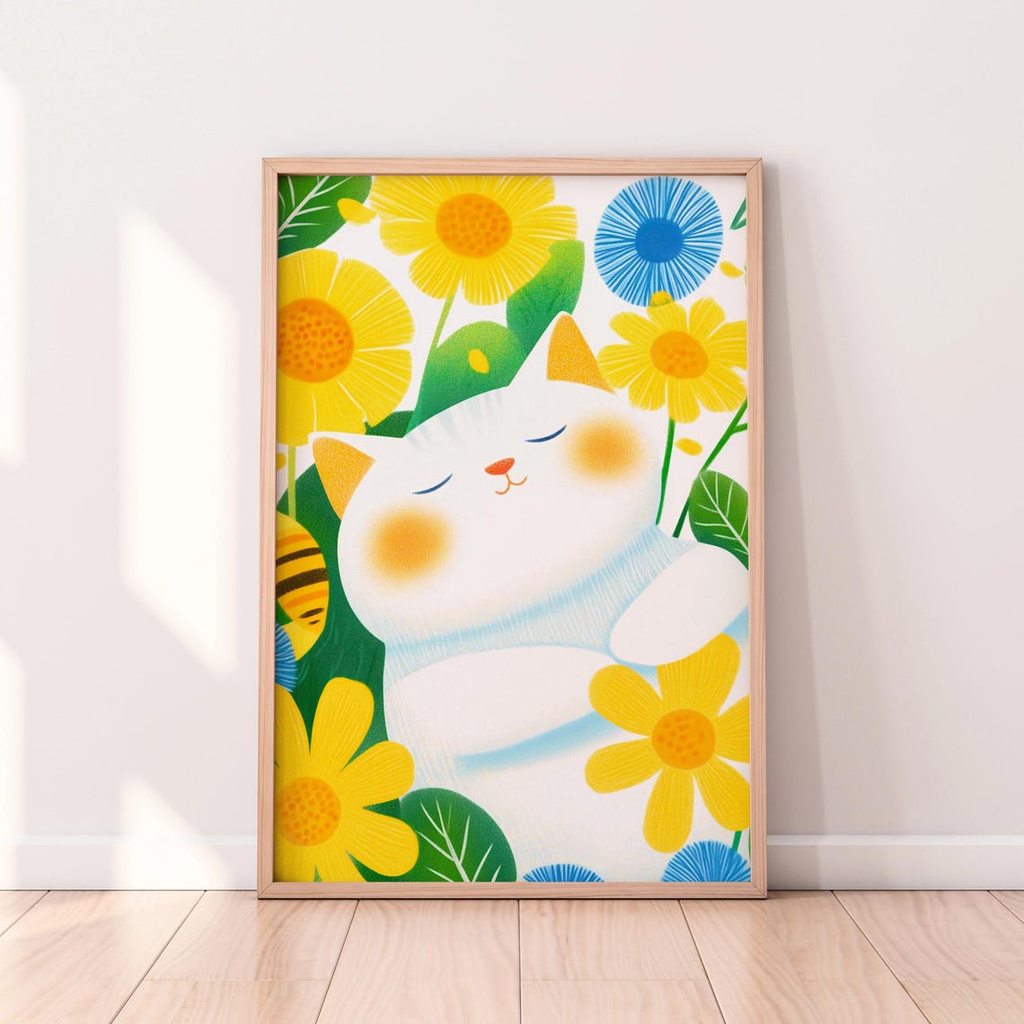 Sleeping White Kitten Among Yellow Daisies Cute Floral Poster