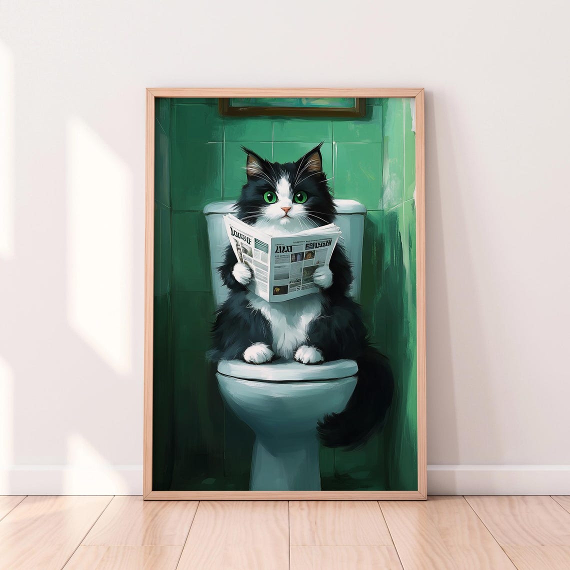 Tuxedo Cat With Green Eyes Reading Newspaper on Toilet Poster