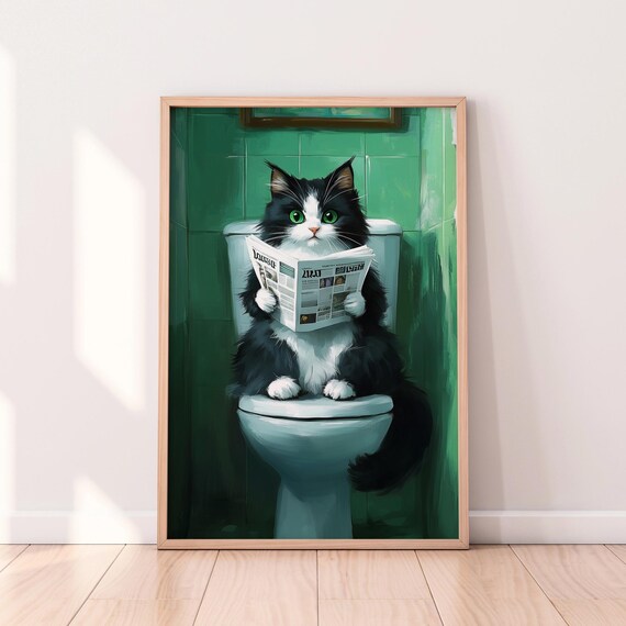 Tuxedo Cat With Green Eyes Reading Newspaper on Toilet Poster