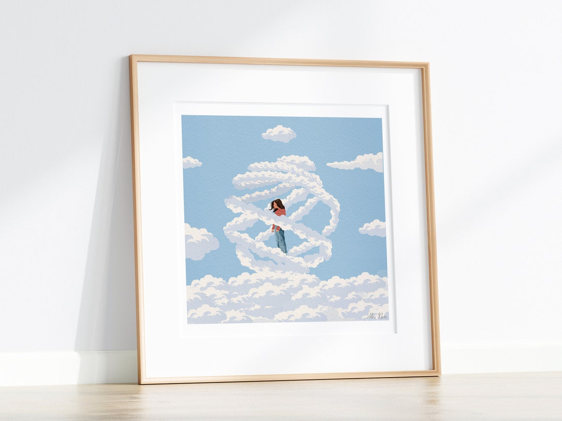 Woman Standing Inside Swirling Calm Clouds Art Illustration Poster - Image 2