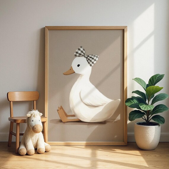 Duck With Bow Print Elegant Nursery Art Kids Room Decor Wall