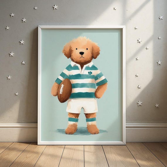 Rugby Puppy Print Sports Dog Nursery Art Kids Room Decor Wall