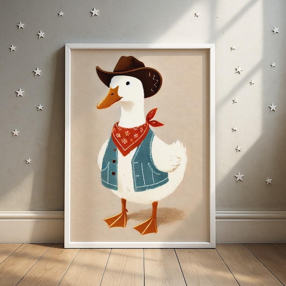 Cowboy Duck Red Bandana Denim Vest Beige Cute Kids Nursery Wall Art