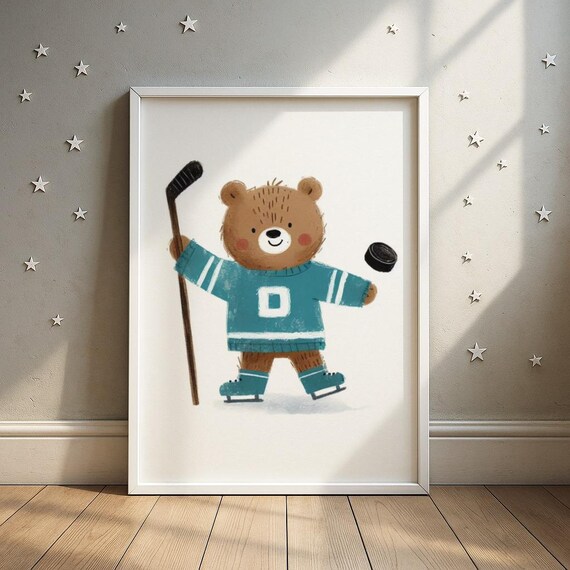Cute Ice Hockey Bear Raising His Stick Kids Sports Nursery Room Poster