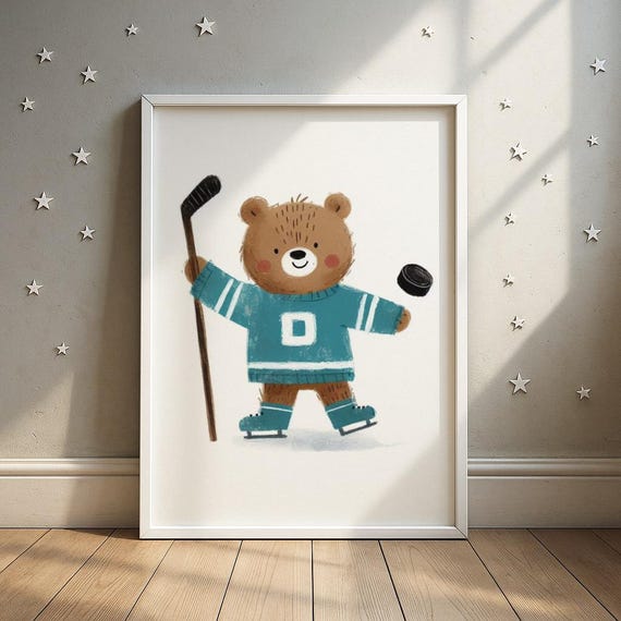 Ice Hockey Blue Bear Print Arctic With Puck Illustration Kids Sports Room Decor