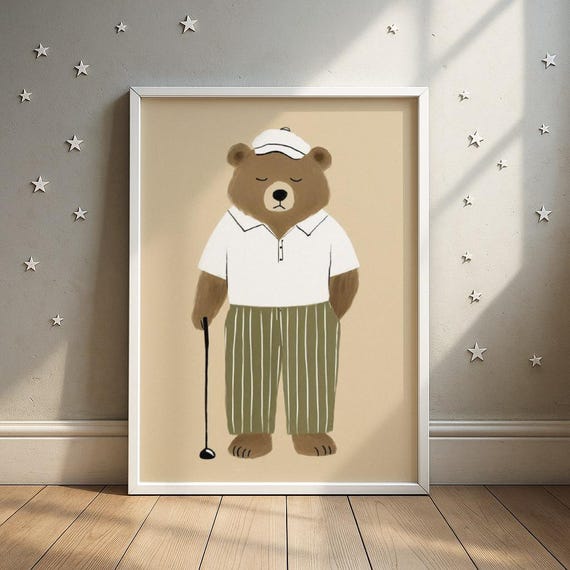 Bear Sleepy Golf Polo Print Brown In White Shirt With Club Wall Art Kids Room Decor