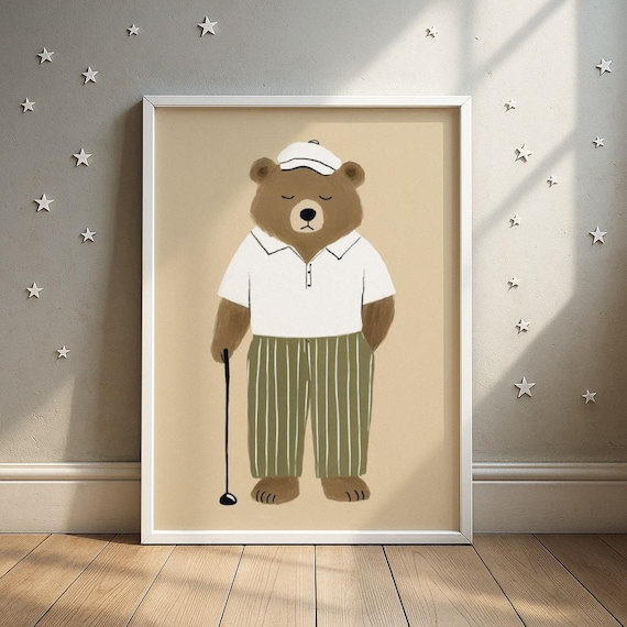 Sleepy Bear Golfer in Polo Shirt With Club Nursery Kids Wall Poster
