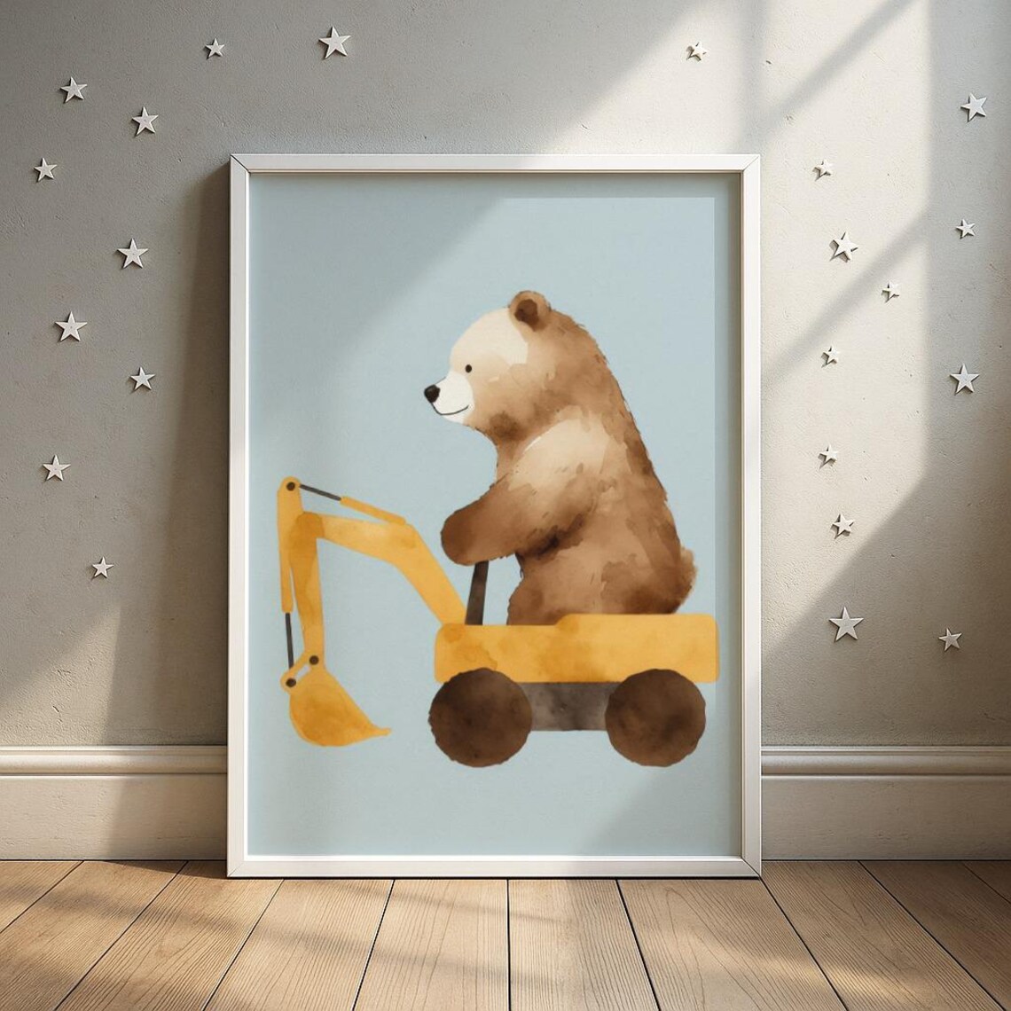 Bear Excavator Construction Nursery Art Brown Driving Yellow Digger Wall Print Kids Room Decor