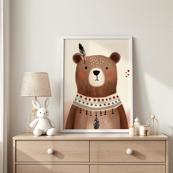 Bear Native Cute Feather Necklace Print Brown With And Patterned Wall Art Kids Room Decor