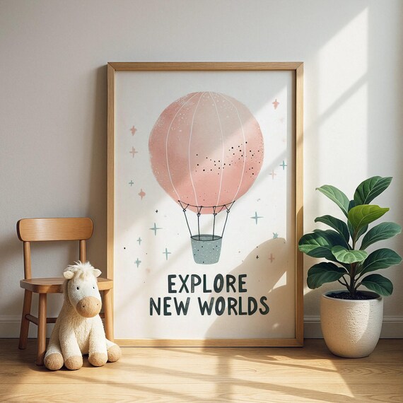 Explore New Worlds Pink Hot Air Balloon Adventure Quote Poster