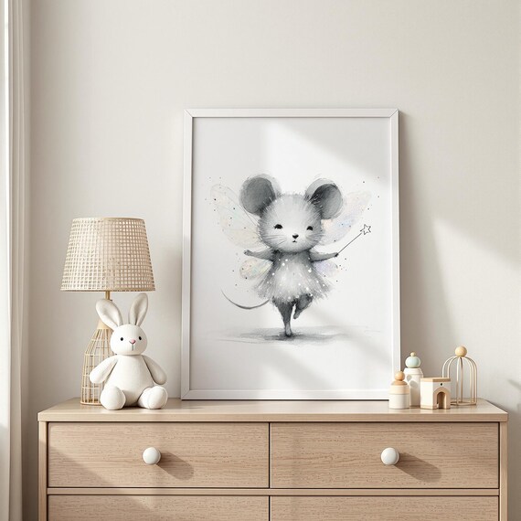 Fairy Mouse With Wings and Wand Watercolor Nursery Room Art Print