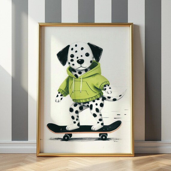 Skateboarding Dalmatian Print Cool Dog Nursery Art Kids Room Decor Wall