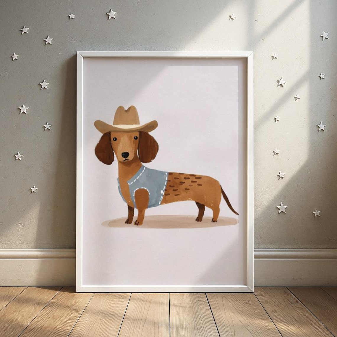 Dachshund Cowboy Puppy Wearing Denim Vest Western Dog Nursery Poster