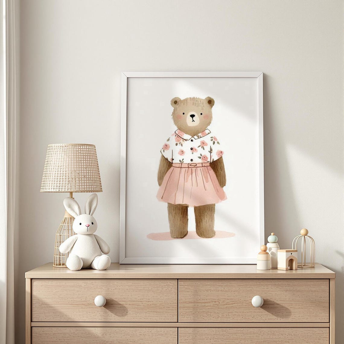 Sweet Teddy Bear in Floral Dress Cute Nursery Poster Gift Art