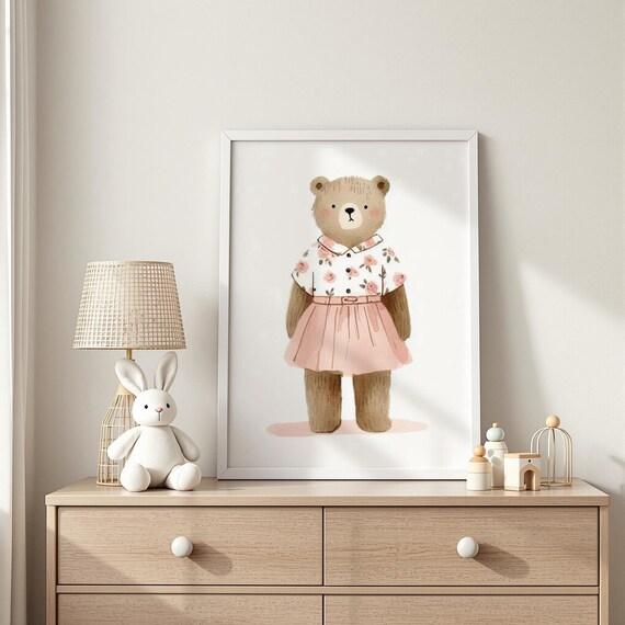 Sweet Teddy Bear in Floral Dress Cute Nursery Poster Gift Art